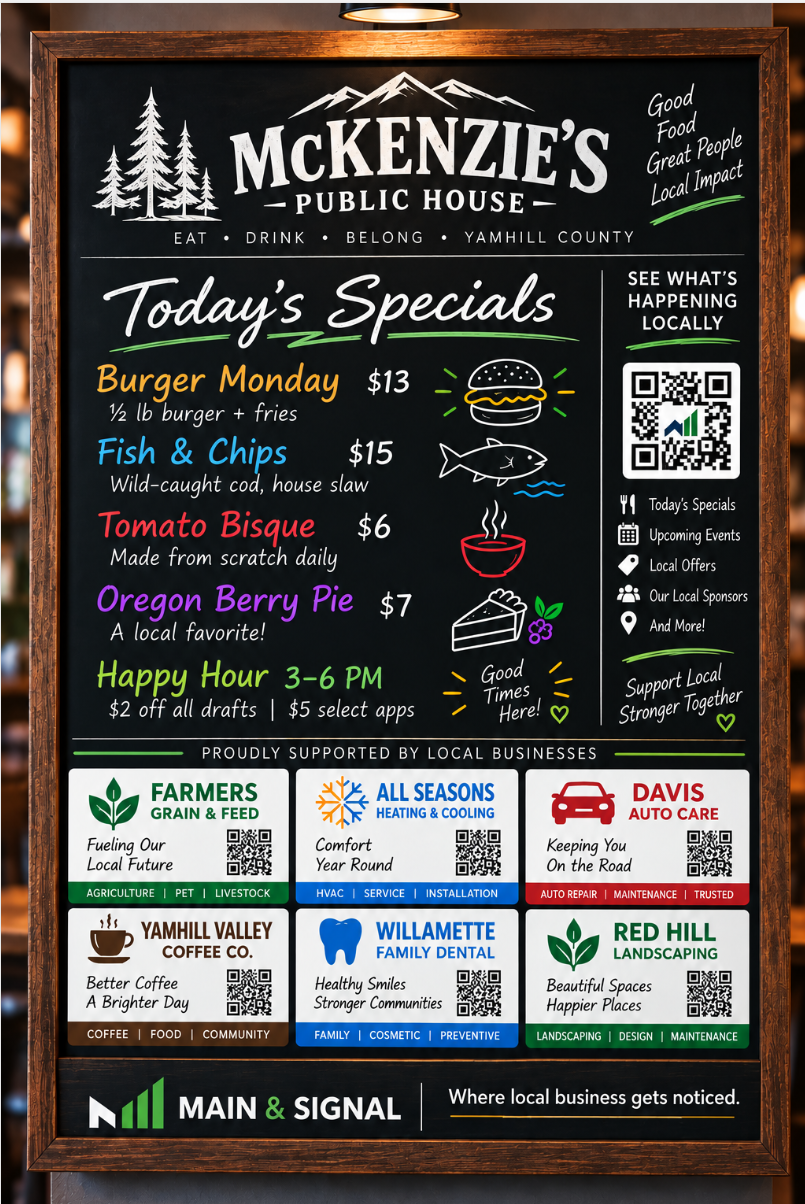 Illustrative McKenzie's specials board with a host specials area, six advertiser placements and QR connections.