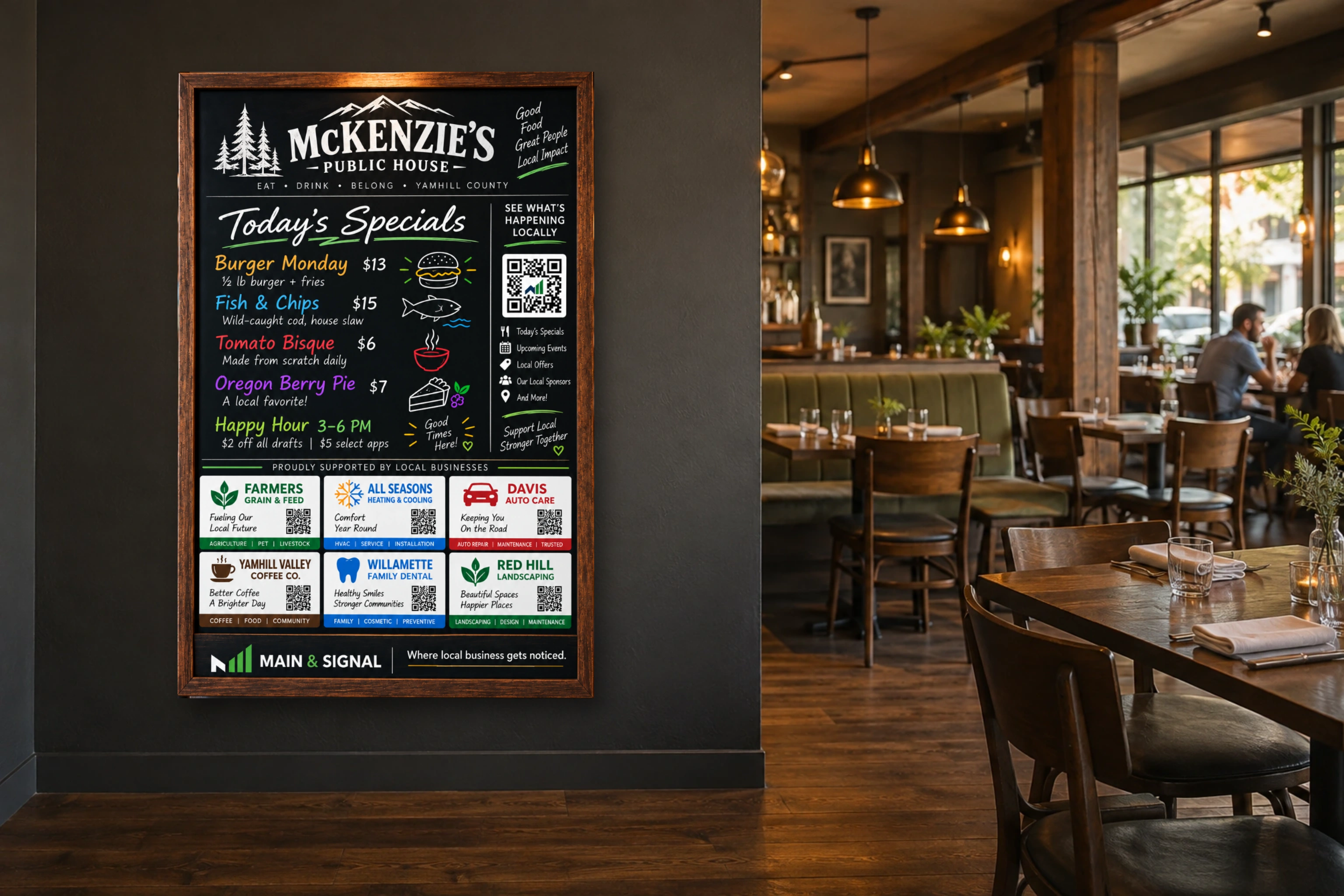 Illustrative restaurant installation showing the original McKenzie’s specials board artwork mounted on a wall beside dining tables.